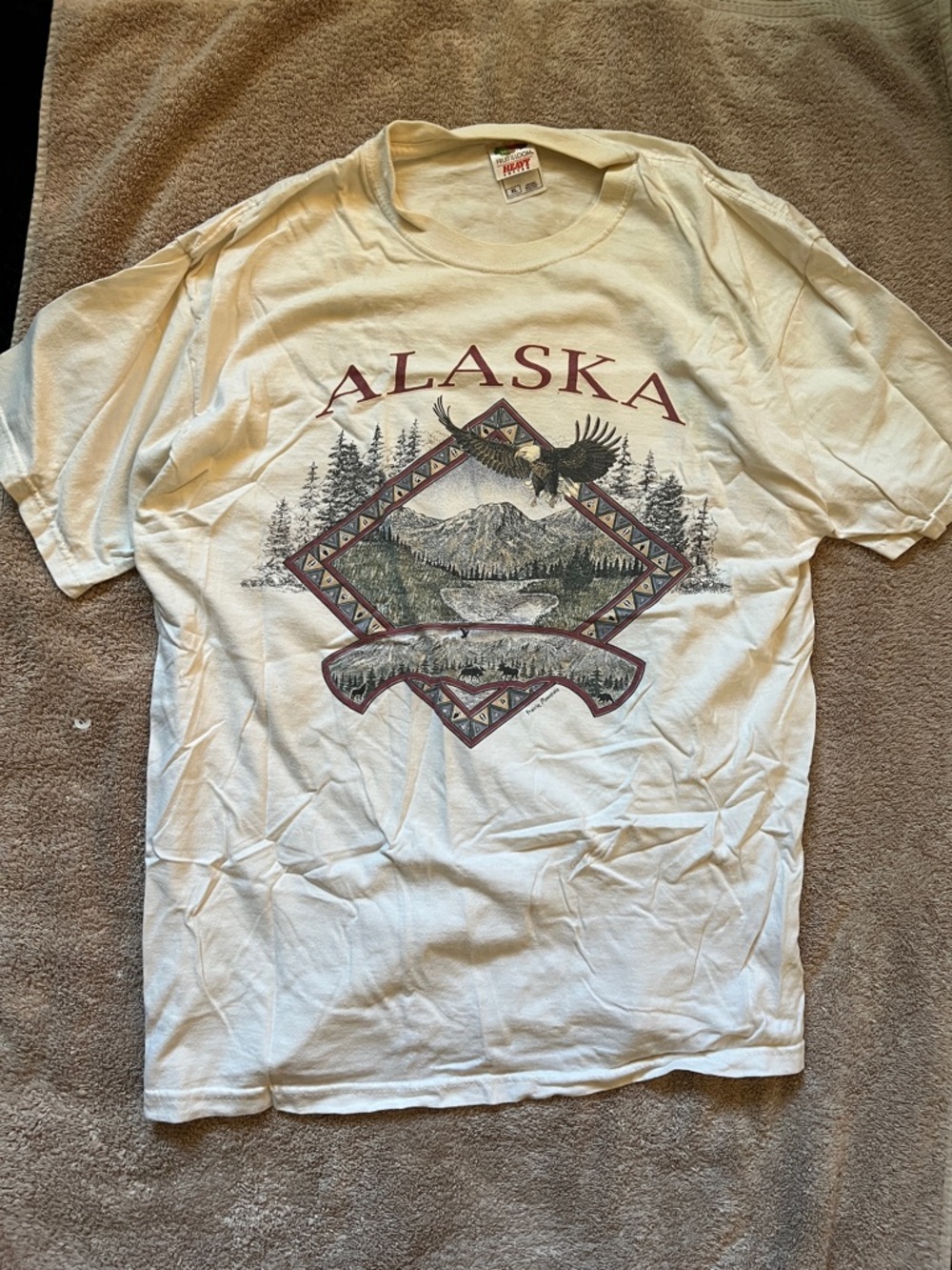 Heavy Fruit of the Loom Alaska Graphic Tee - White with Maroon and Green Print